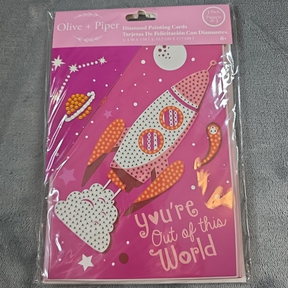 Party Ideas Valentines OLIVE+PIPER 3 Pack Diamond Painting Cards Rocket